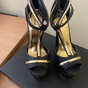 Qupid Black and Gold Strappy Heels